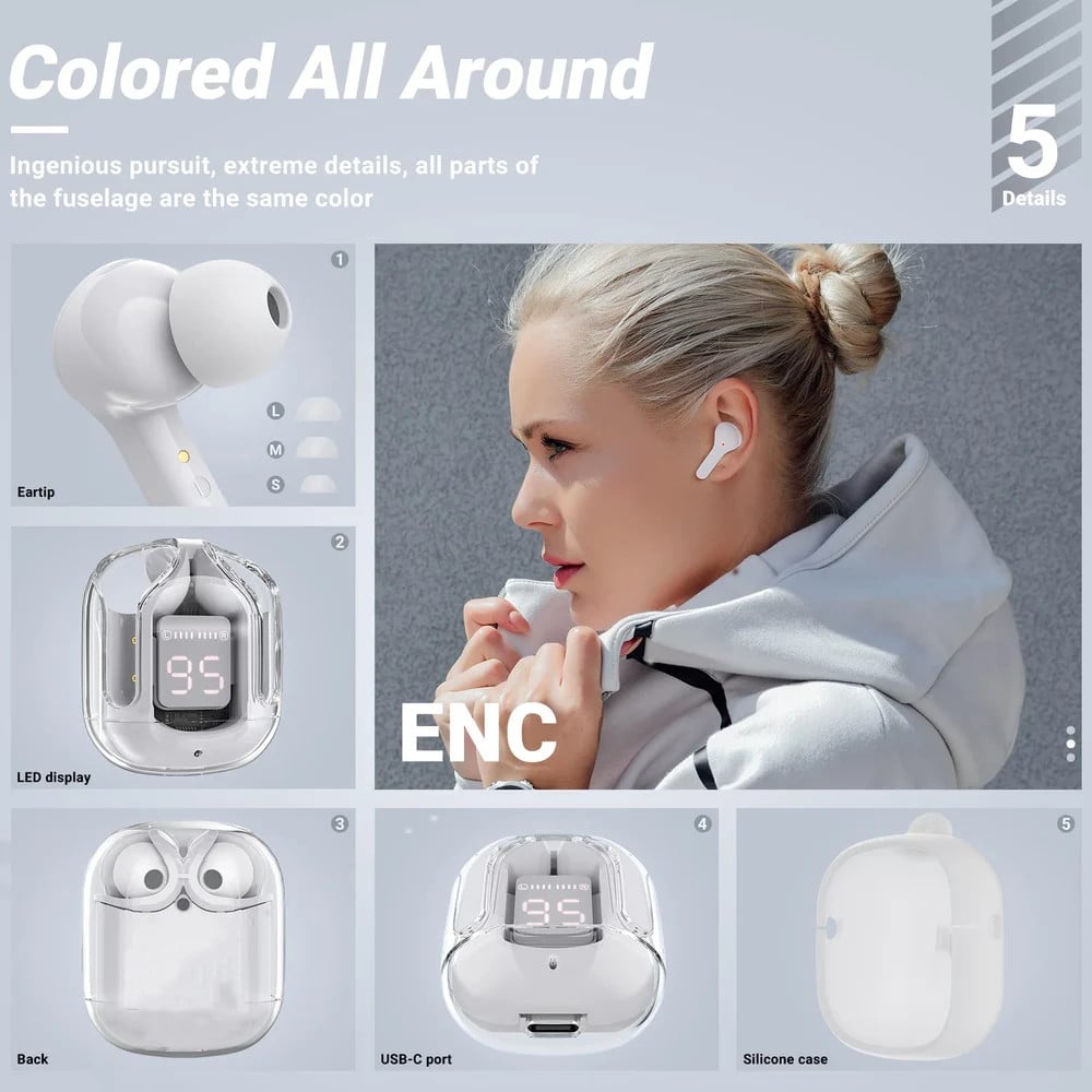 T6 Crystal Wireless Earphones | Smart Touch Control & LED Display